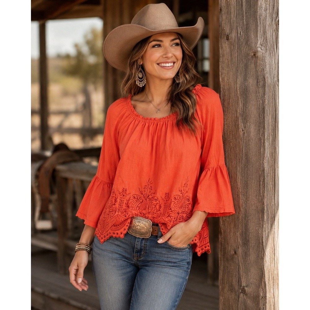 Reba Women's Large Orange Embroidered Boho Blouse Bell Sleeve Peasant Top L